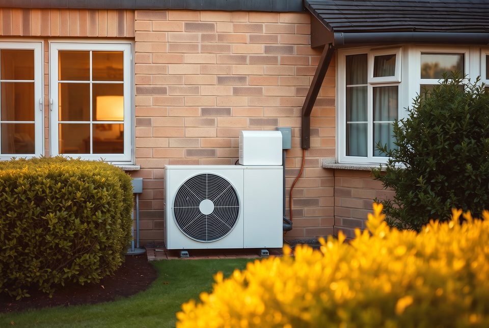 An air source heat pump unit installed beside the wall of a UK family home