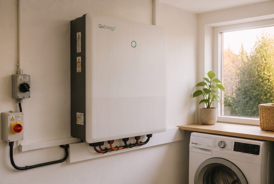 A home battery storage unit mounted in the utility room of a British house