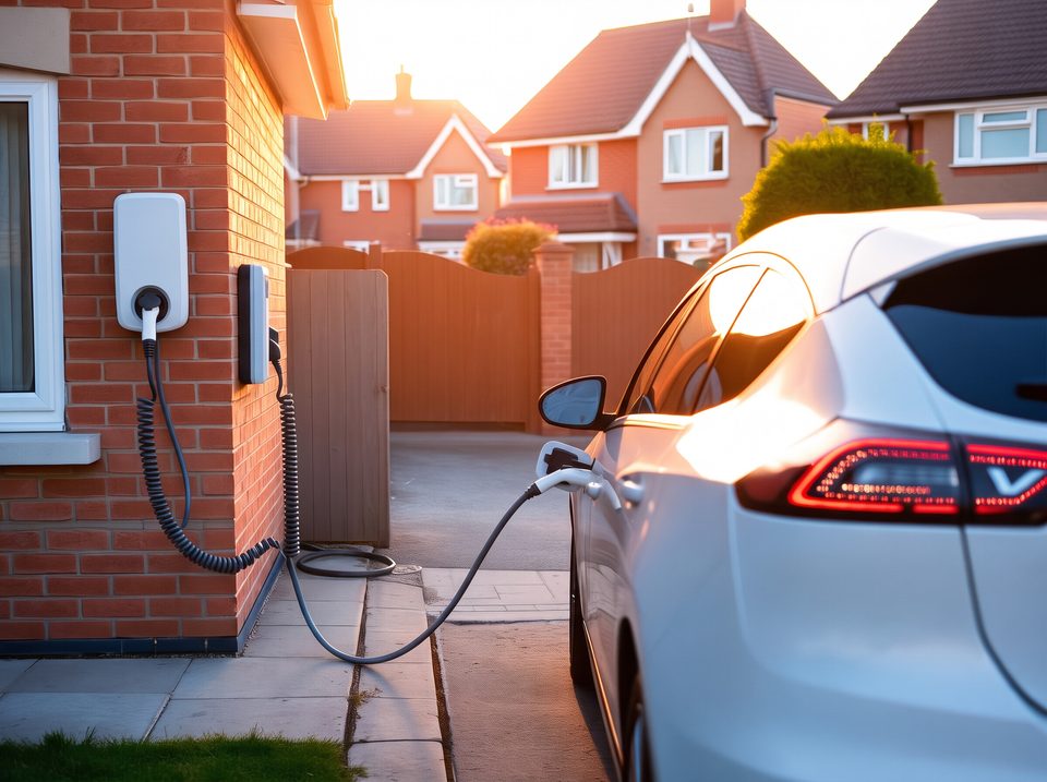 An electric car plugged into a wall-mounted home charge point on the driveway of a British house at golden hour