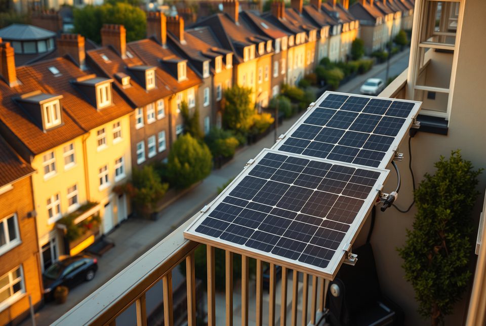 A plug-in solar panel hung from the balcony railing of a UK flat at sunset