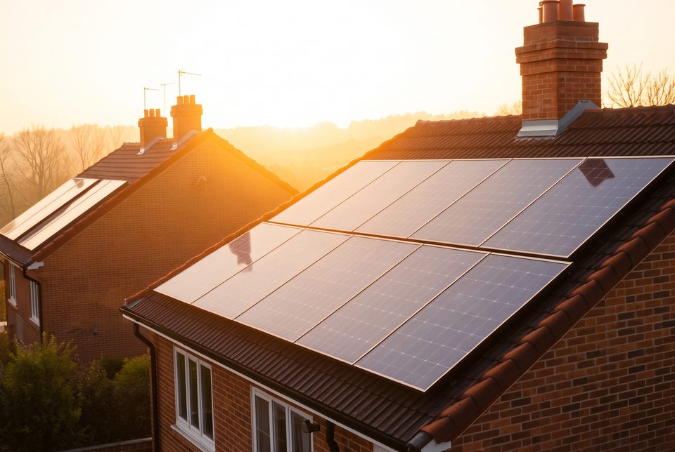 Rooftop solar panels on a British terraced house in golden hour sunlight