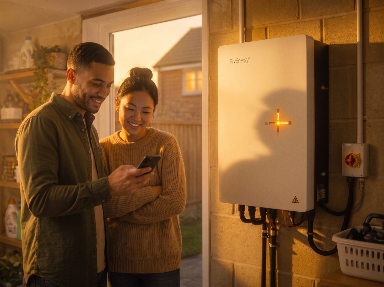 A couple smiling as they check their home battery storage and energy app together