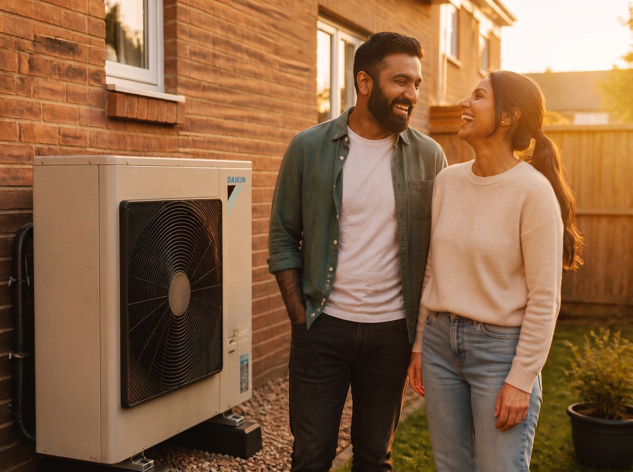 A couple laughing beside the air source heat pump newly installed at their home in evening light