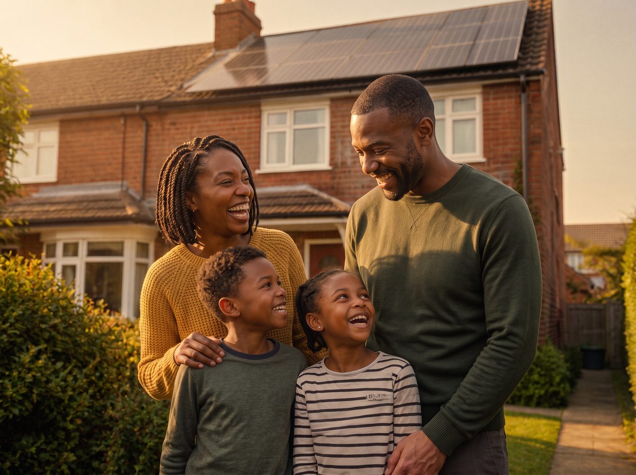 A family laughing together outside their home, with rooftop solar panels on the house behind them